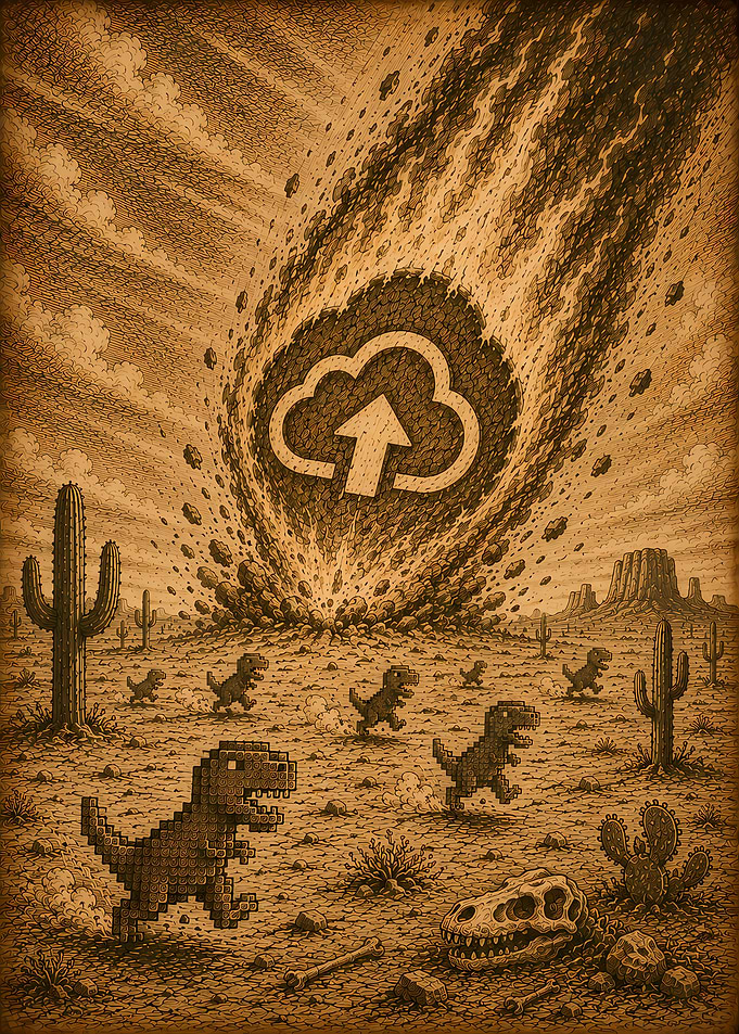 Pixelated Dinosaurs Fleeing Cloud Meteor