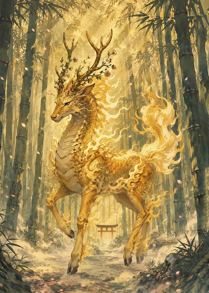 Golden Kirin Spirit Deer in a Sacred Bamboo Forest