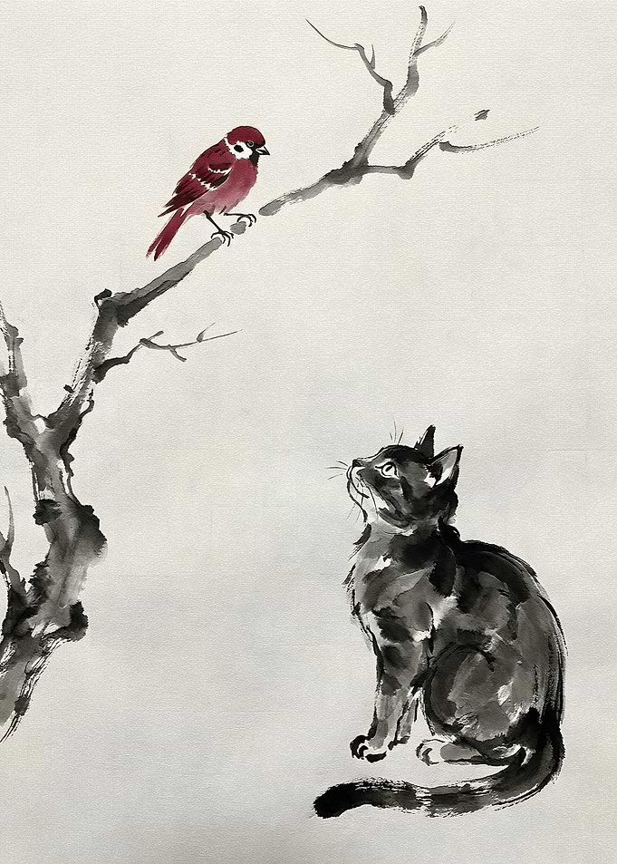 Cat and Bird in Japanese Art Style