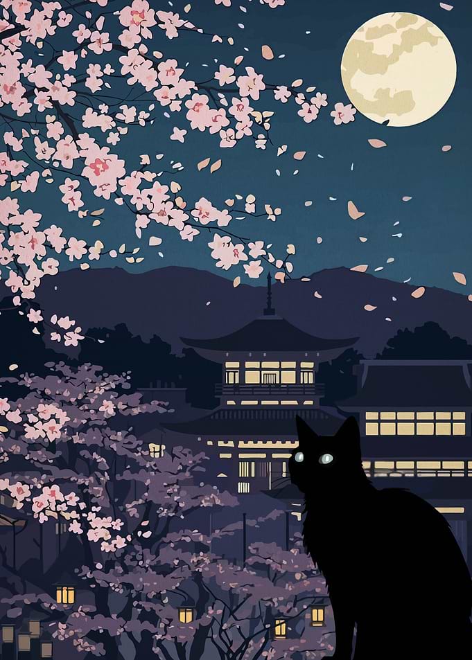 Black Cat Under Cherry Blossoms