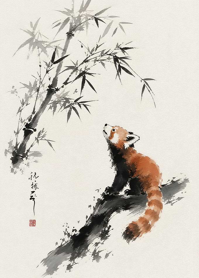 Red Panda and Bamboo Painting