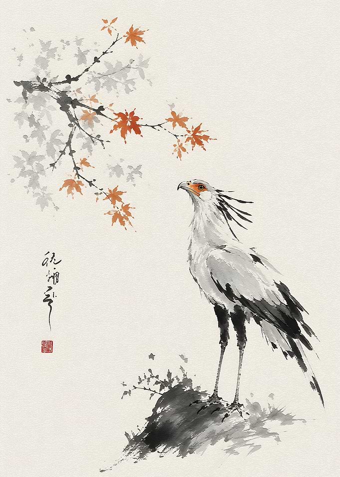 Secretary Bird and Maple Leaves