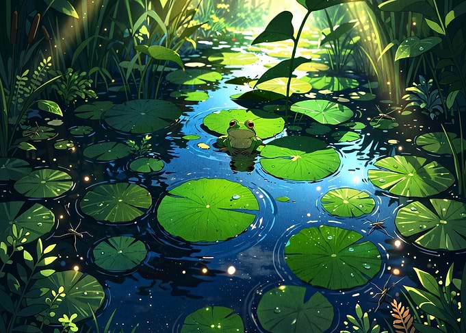 Frog on Lily Pad in Pond