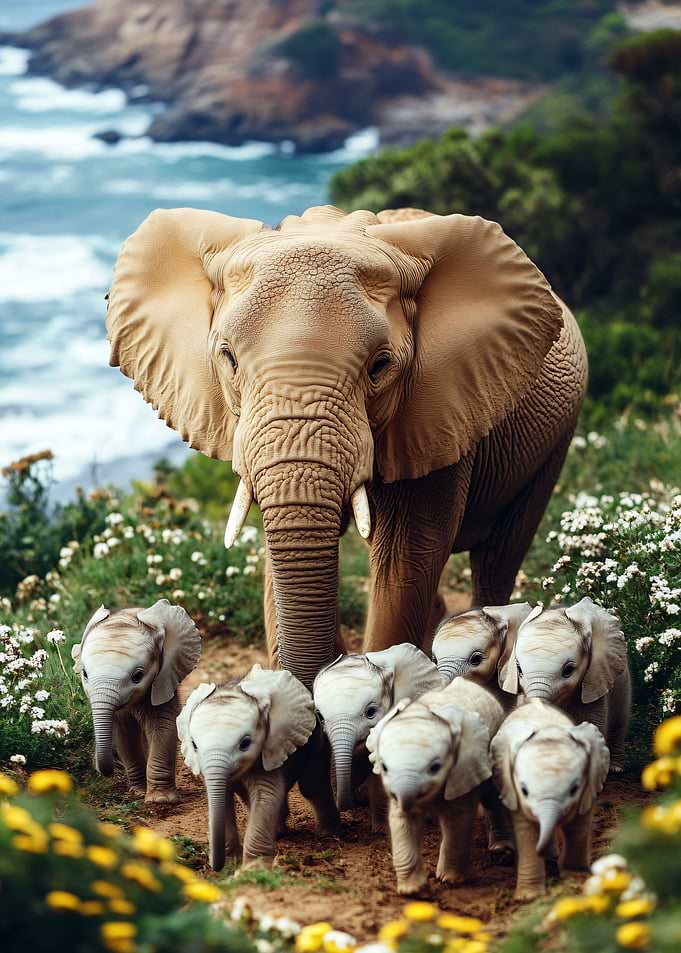 Elephant Family by the Ocean