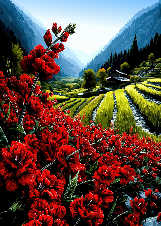 Vibrant Red Flowers in Mountain Terraces