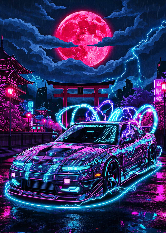Cyberpunk Nissan 240SX Under Red Moon