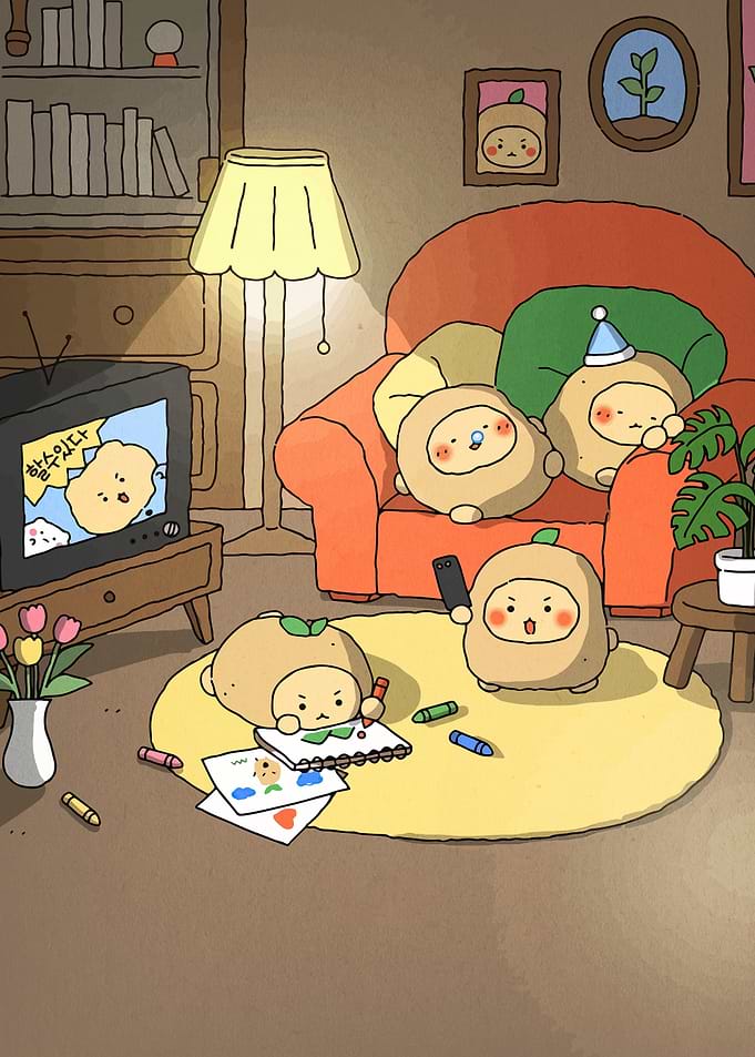Cute potato characters in a cozy living room