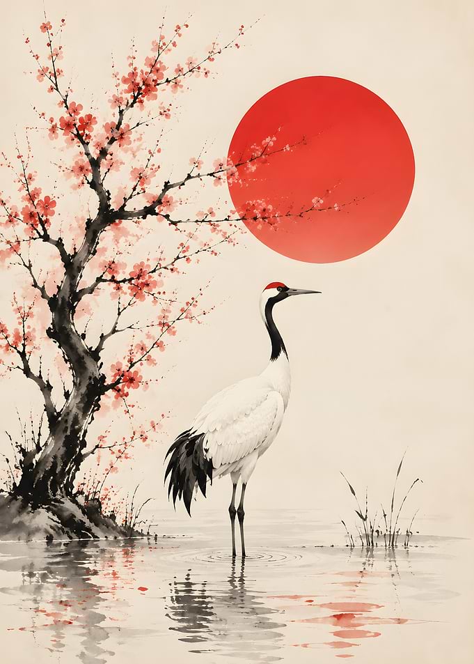 Japanese Crane and Cherry Blossom