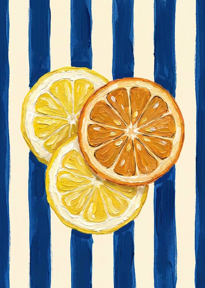 Citrus Slices On Navy Striped Background