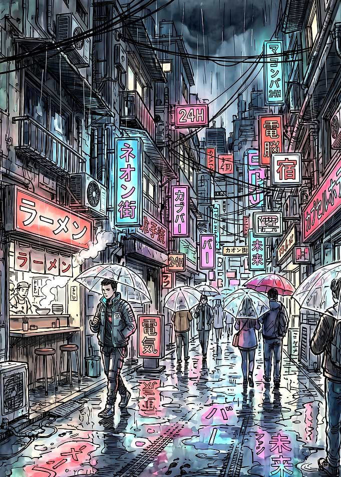 Neon City Street in Rain
