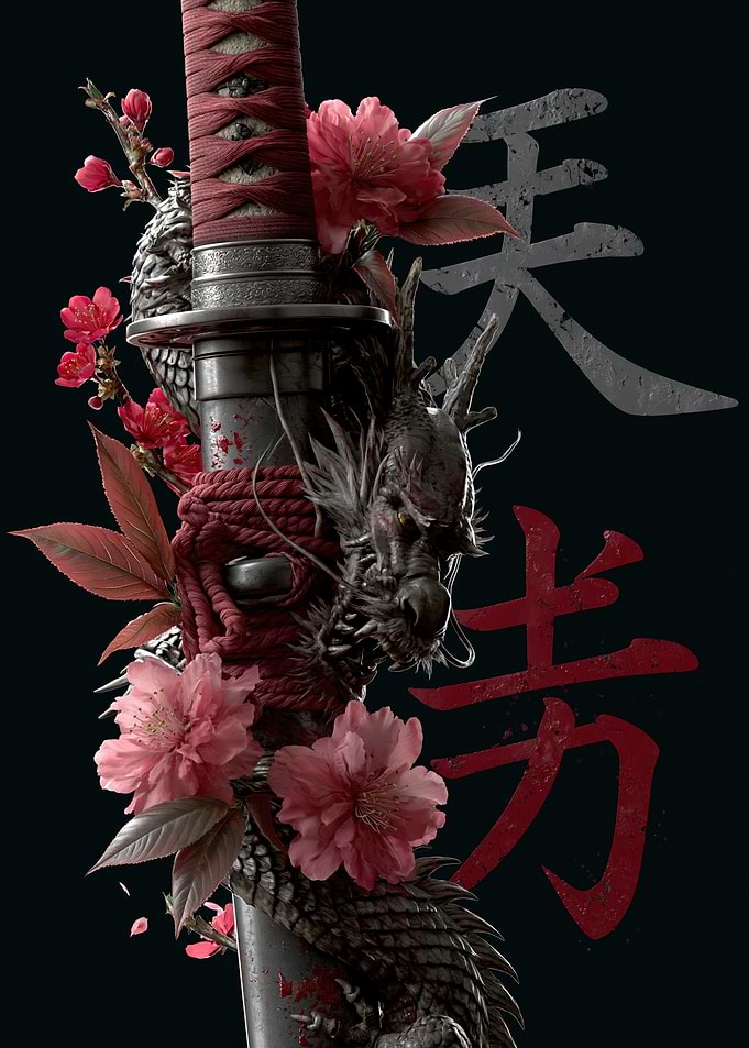 Dragon and Cherry Blossoms on Katana