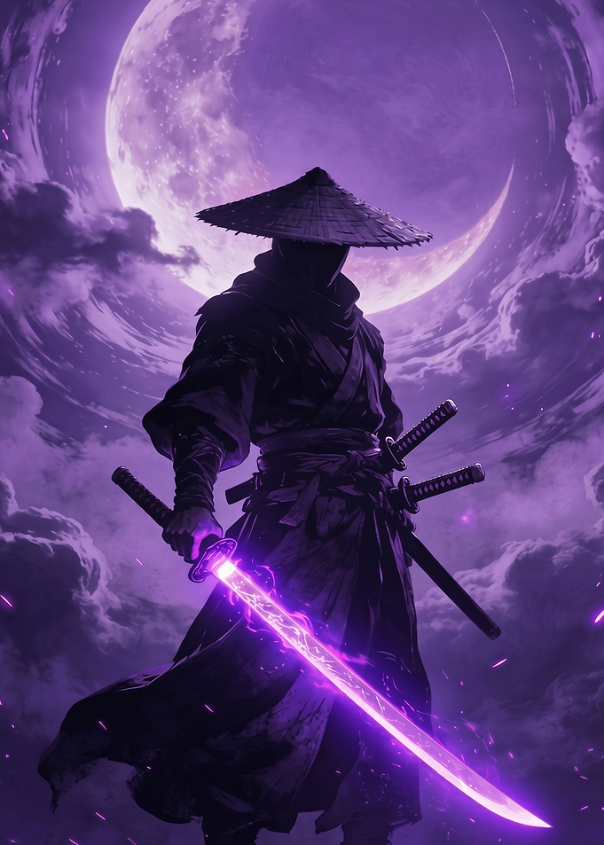 Ninja with glowing sword under moon
