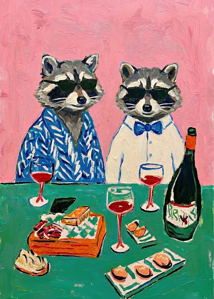 Raccoons Enjoying Wine and Snacks