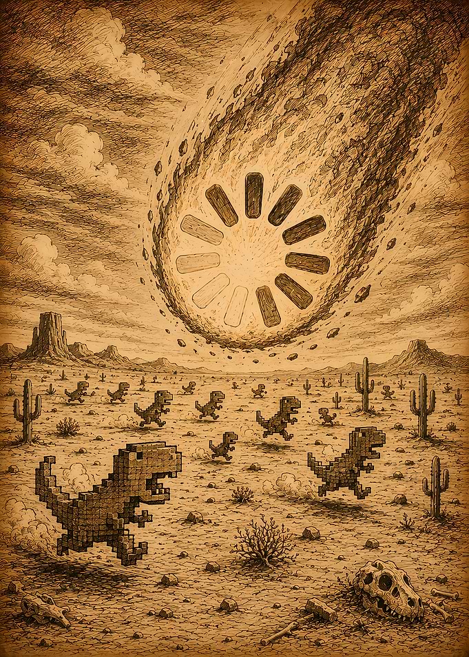 Pixelated Dinosaurs Fleeing a Loading Comet
