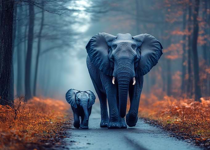 Mother and baby elephant walking