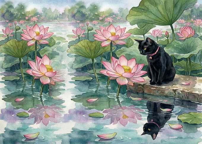 Black Cat by Lotus Pond
