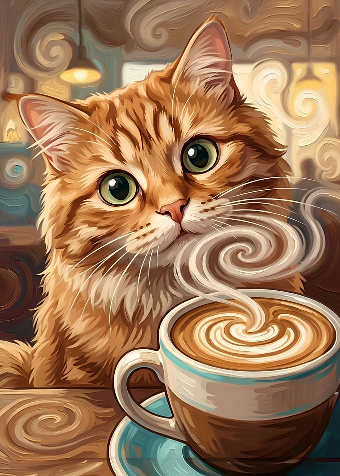 Fluffy Ginger Cat with Coffee Cup Wall Art