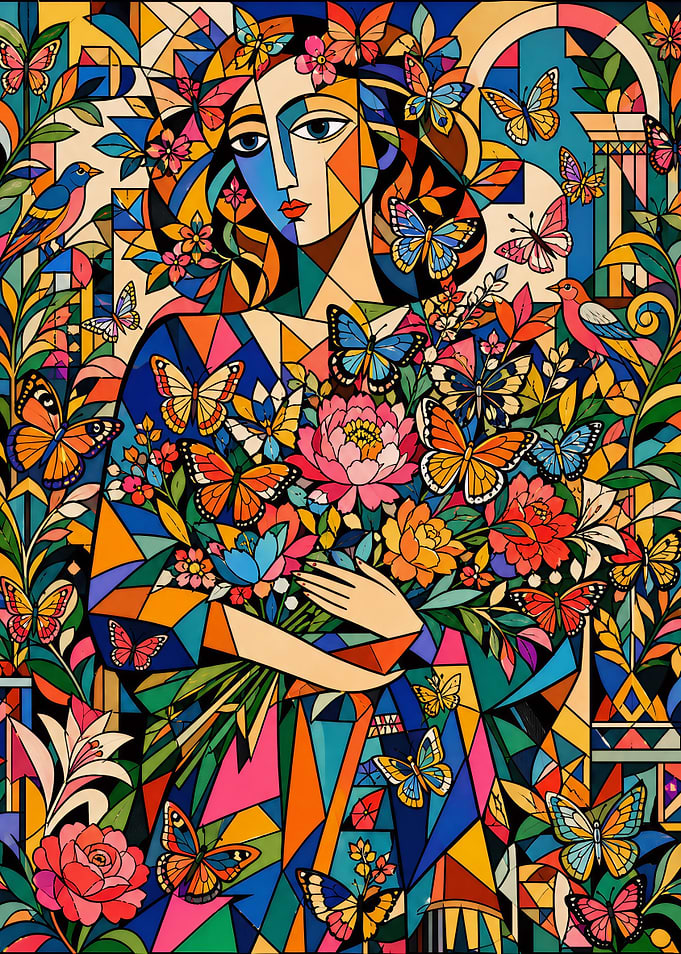 Woman with Butterflies and Flowers