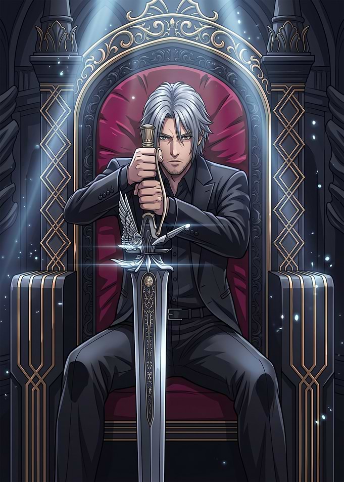 Man in Suit on Throne with Sword