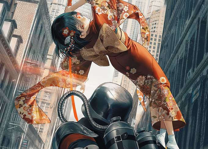 Anime Girl in Kimono and Sci-Fi Suit