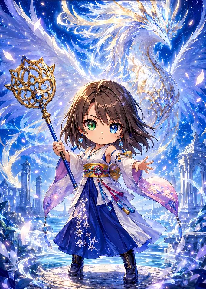 Chibi Girl with Phoenix and Staff
