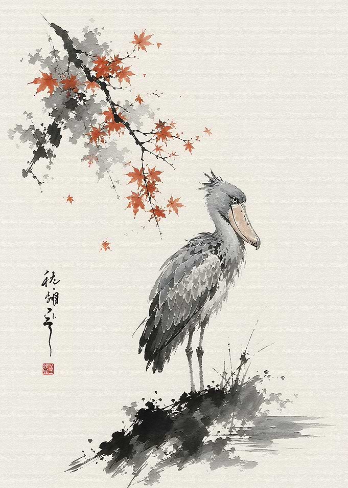 Shoebill Bird and Maple Branch