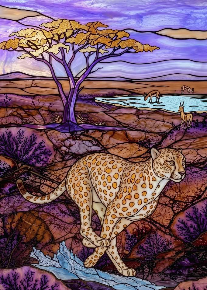Stained Glass Cheetah – Golden Savannah Run – Abstract Fantasy #155