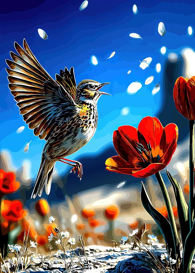 Bird flying over tulips
