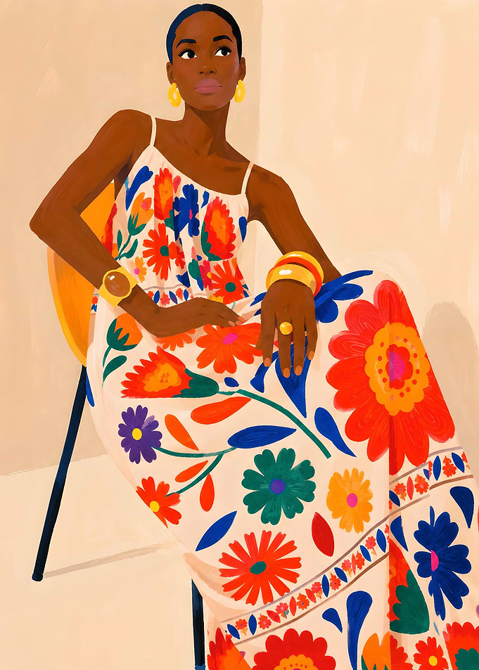 Woman in floral dress sitting in chair