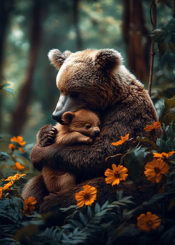 Mother Bear Hugs Cub in Forest