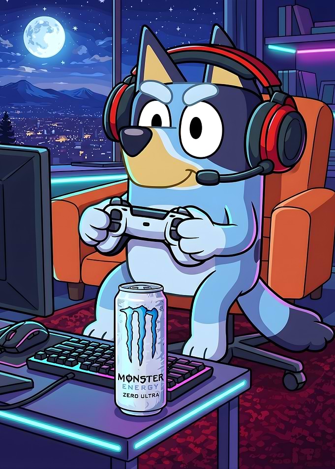 Bluey the Gamer with Monster Energy