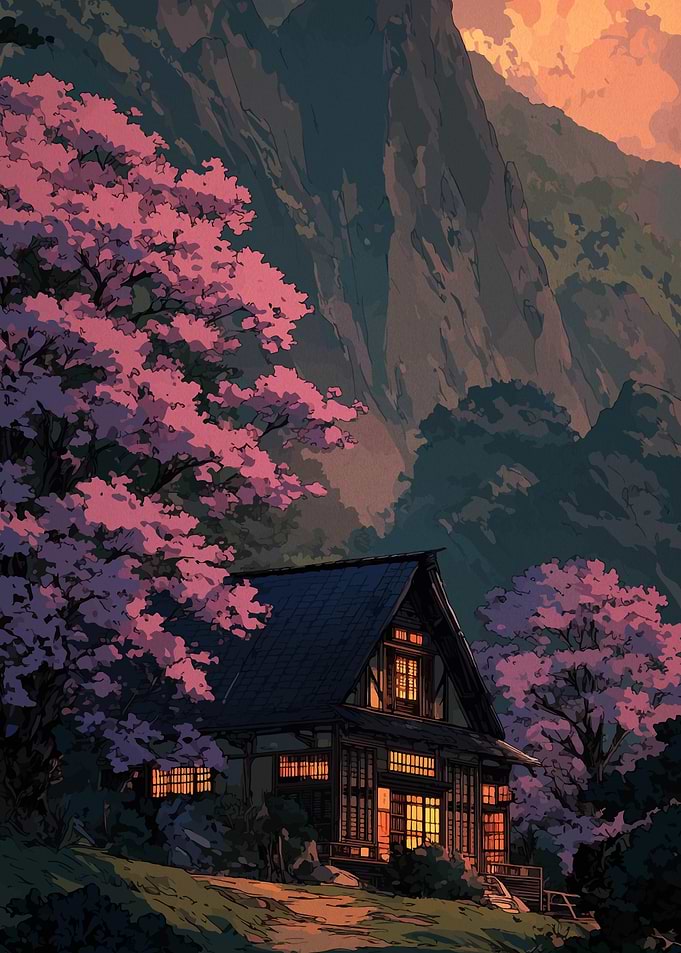 Japanese House Amidst Cherry Blossoms