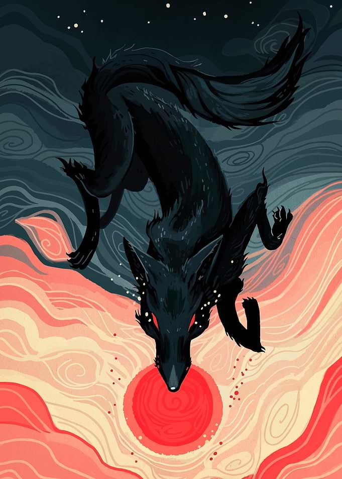 Dark Wolf Over Red Sun
