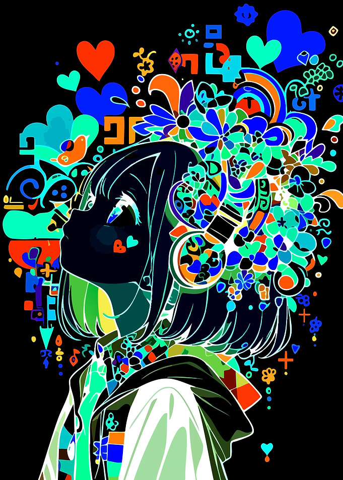 Anime Girl with Colorful Floral Headpiece
