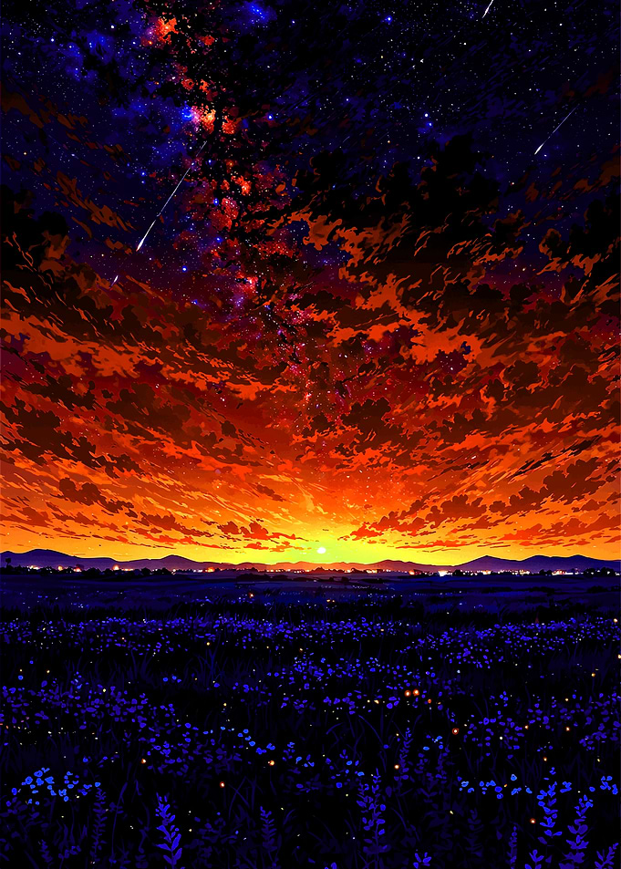 Sunset Over a Field of Flowers