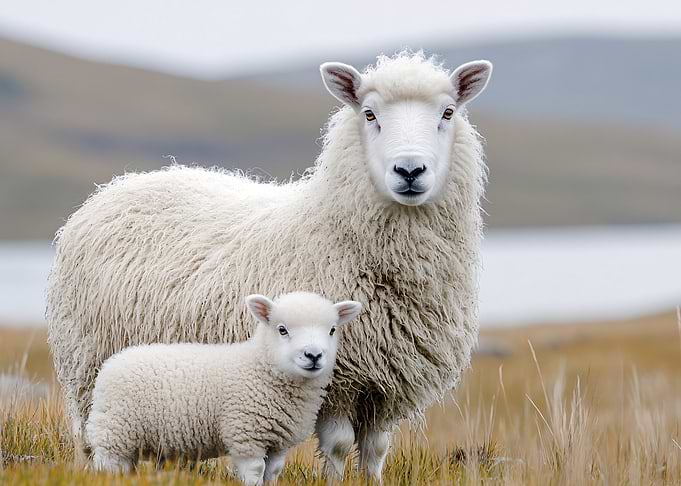 Mother Sheep and Lamb in Field