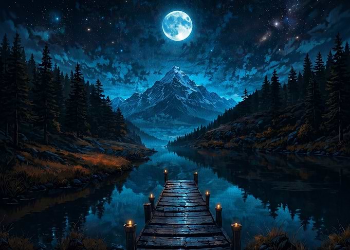 Moonlit Mountain Lake Dock