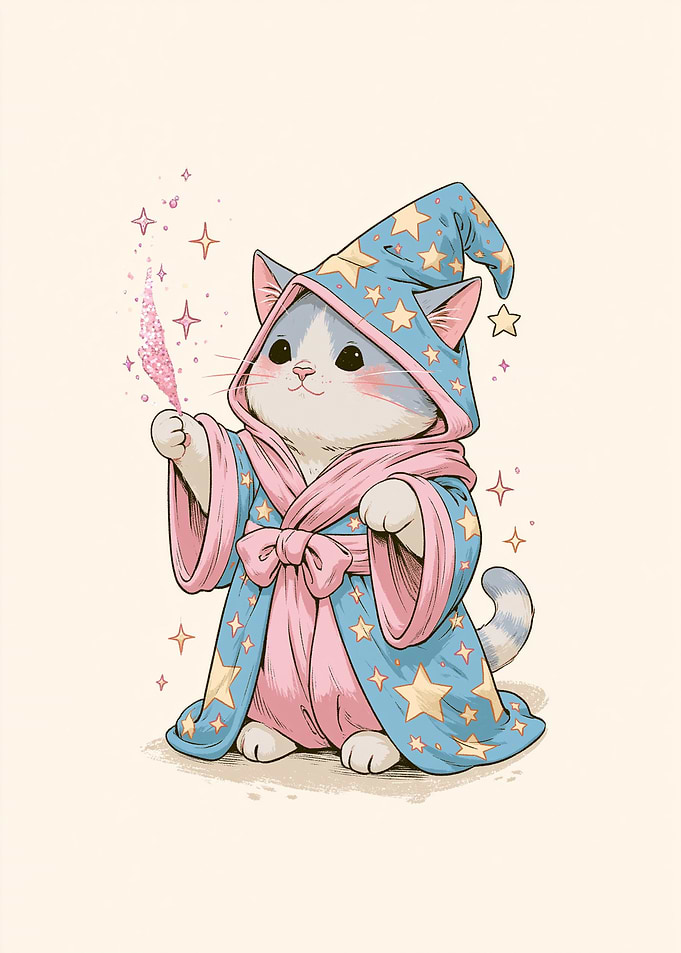 Cute Cat Wizard with Magic Wand