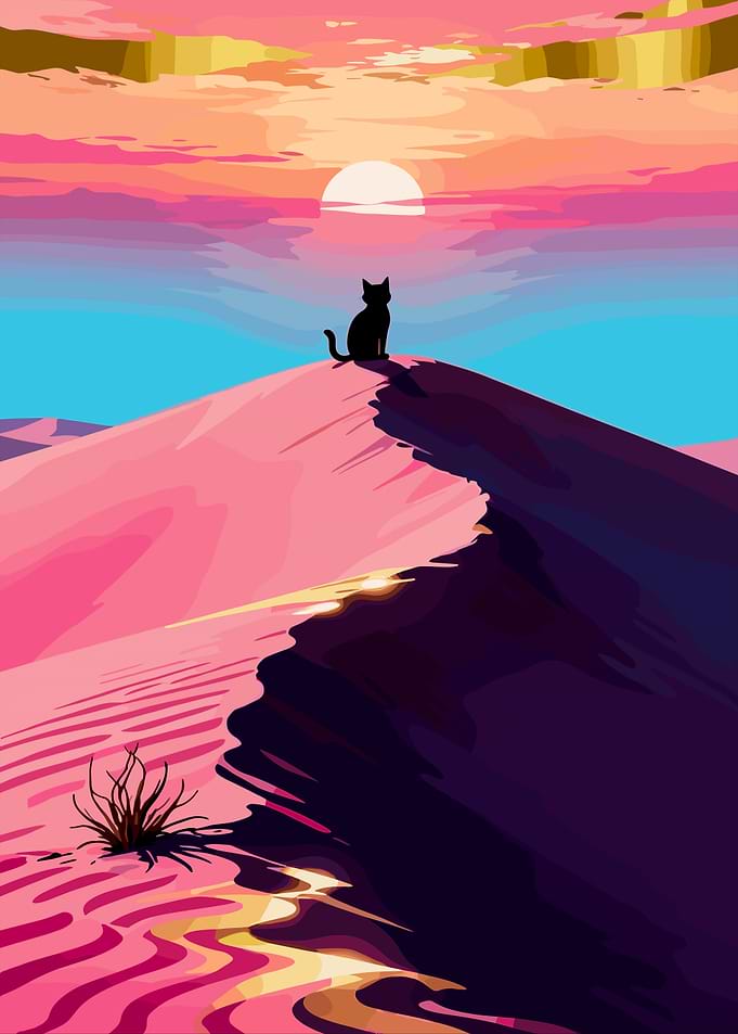 Black cat on desert dune at sunset