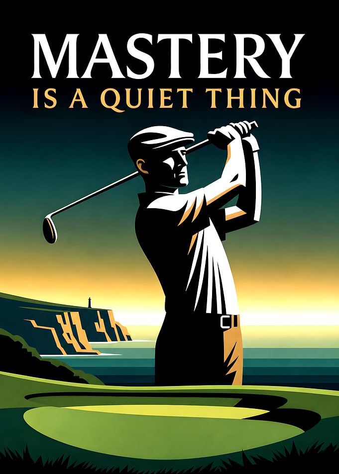Golfer with 'Mastery is a Quiet Thing' text