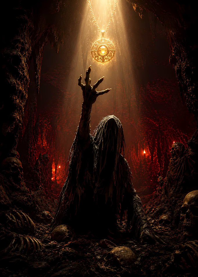 Dark Fantasy Creature Reaching for Amulet