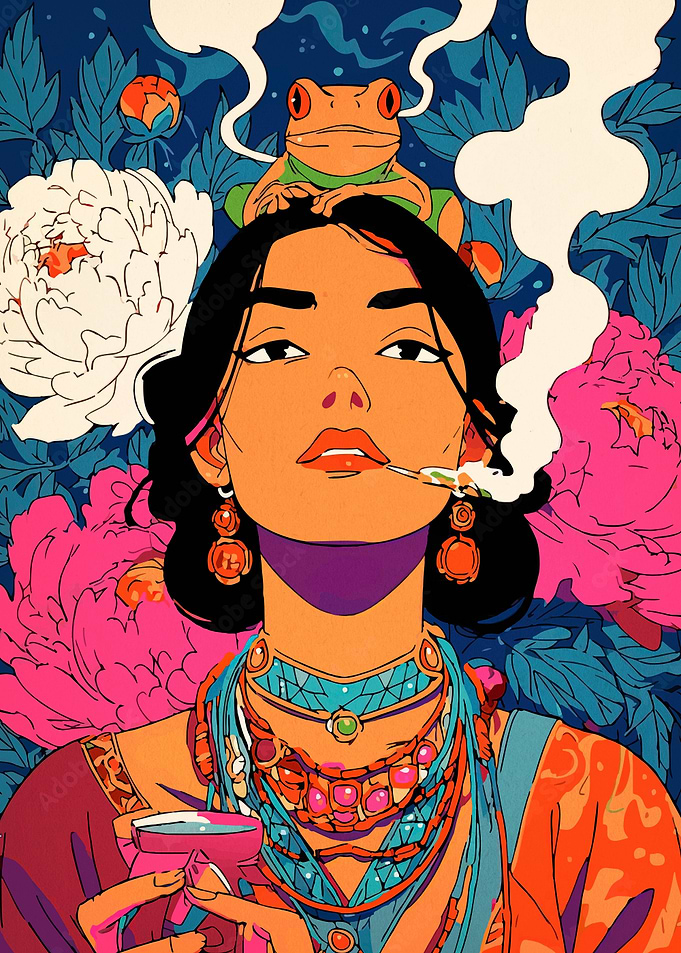 Woman Smoking with Frog and Flowers