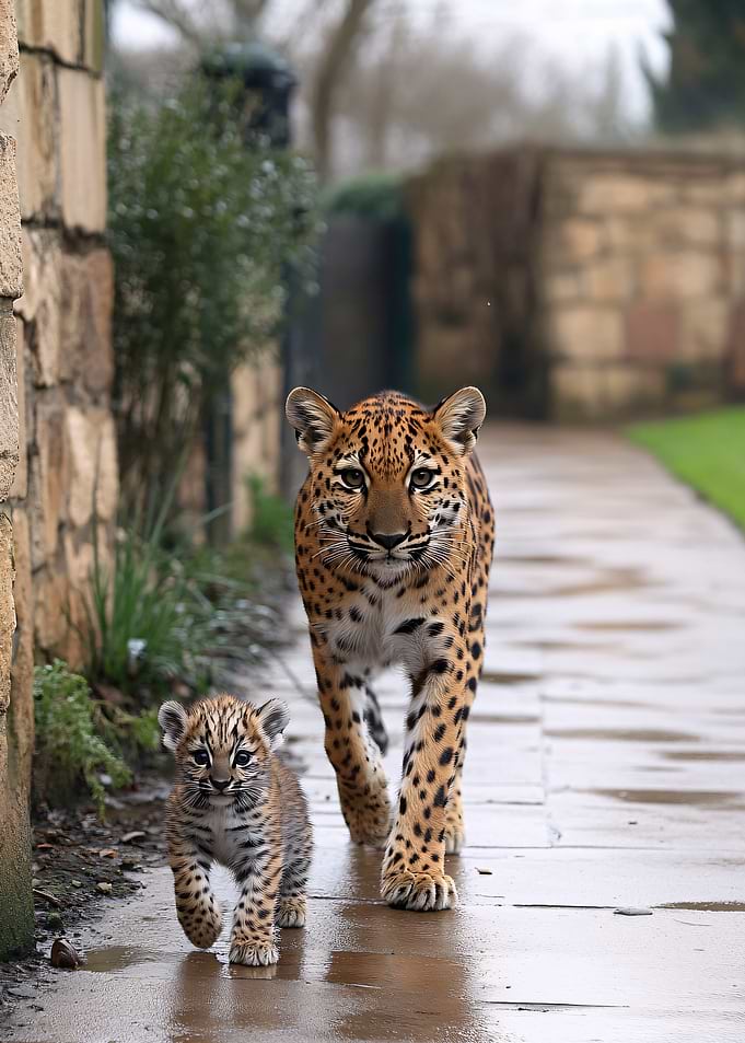 Jaguar Mother and Cub Walking