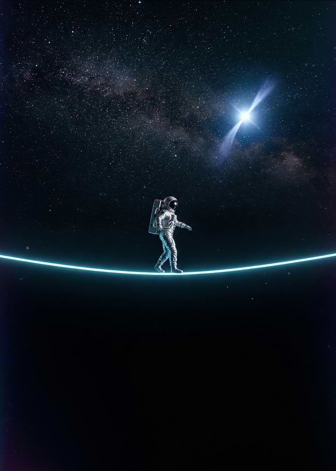 Astronaut walking on a tightrope in space