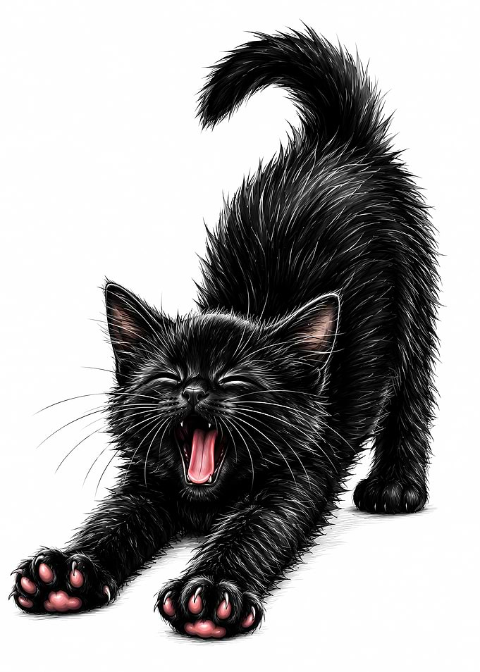 Black kitten yawning and stretching