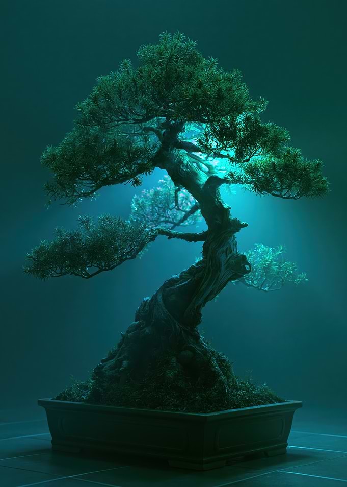 Mystical Bonsai Tree in Blue Light