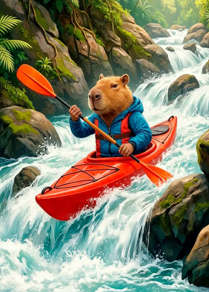 Capybara Kayaking Through Rapids
