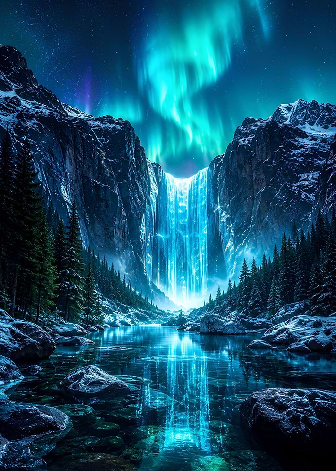 Aurora Borealis Over Snowy Waterfall