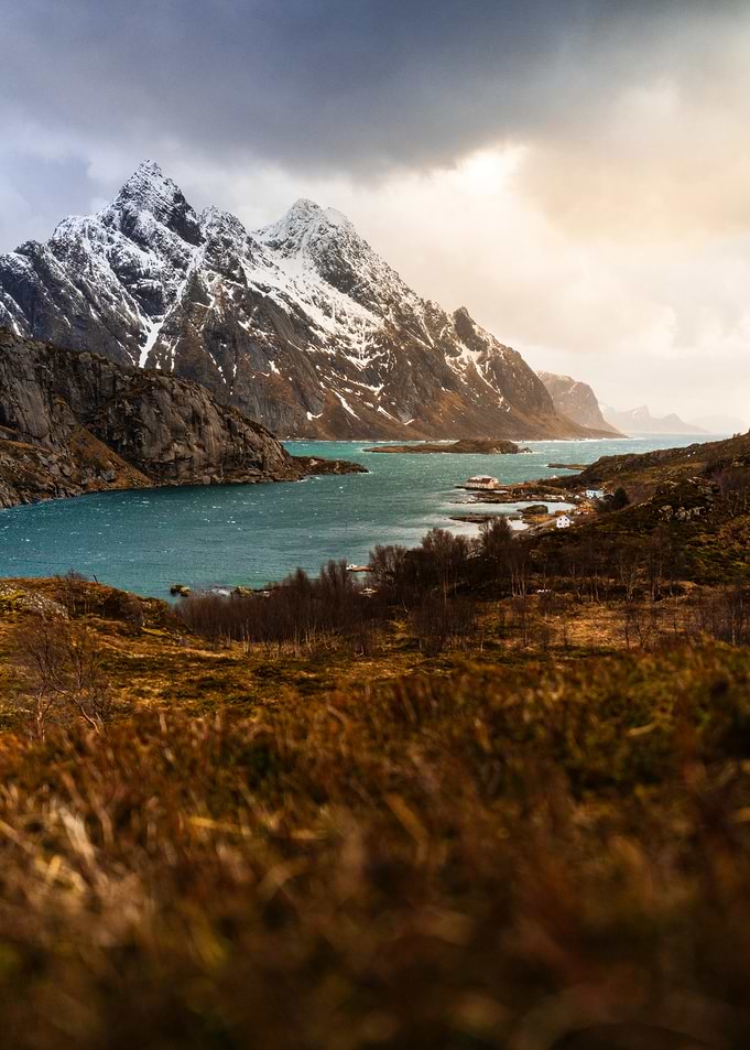 Snow-capped mountains and turquoise water