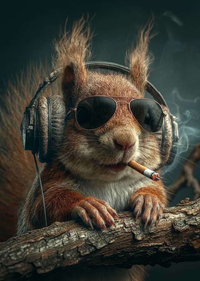 Cool squirrel with headphones and sunglasses
